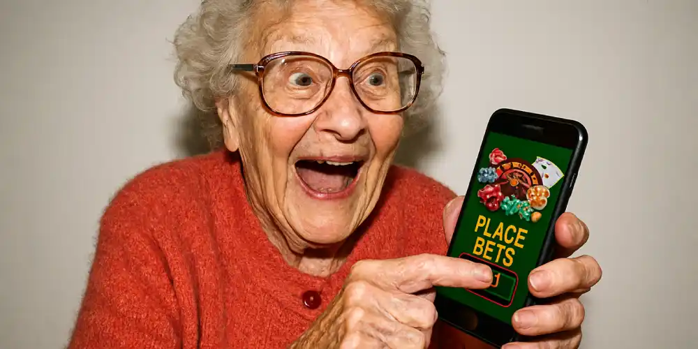 a grandma wagering bets on her smartphone