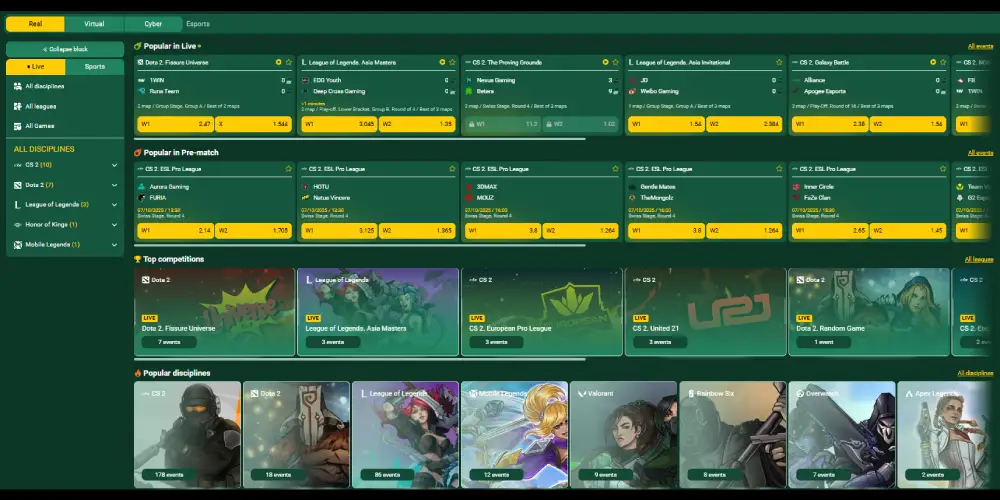 betwinner sportsbook esports betting page