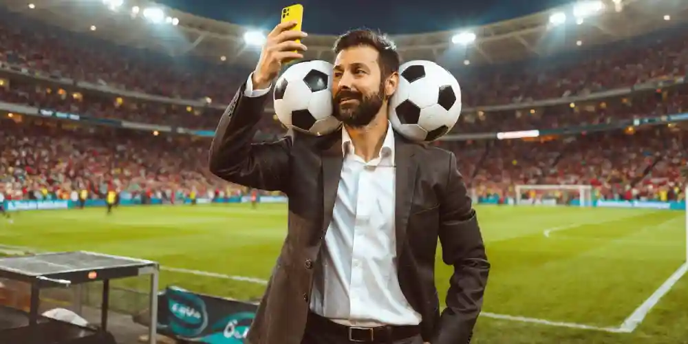 football manager takes a selfie with 2 balls on his shoulders