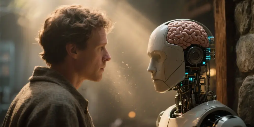 human facing a humanoid robot