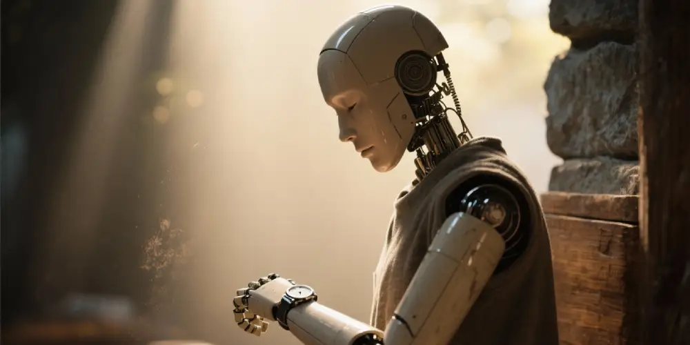 humanoid robot checks his wristwatch