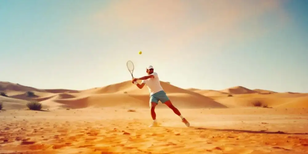 main playing tennis in desert
