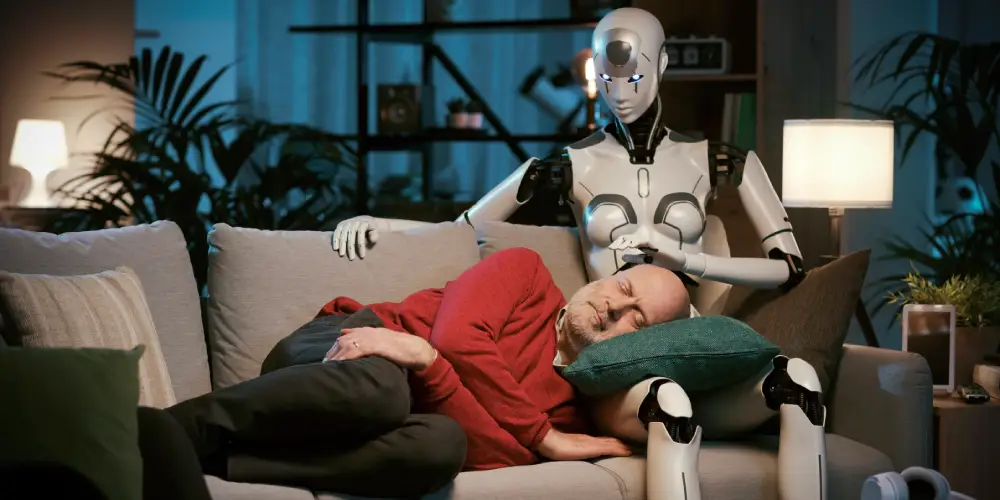man sleeps on the lap of a female robot