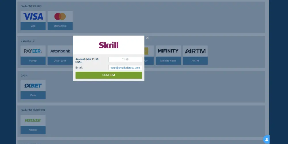 skrill withdrawal amount confirmation pop up on 1xbet
