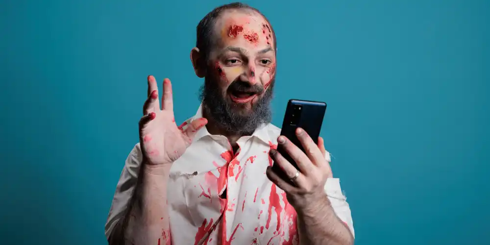 zombie looking at a mobile phone