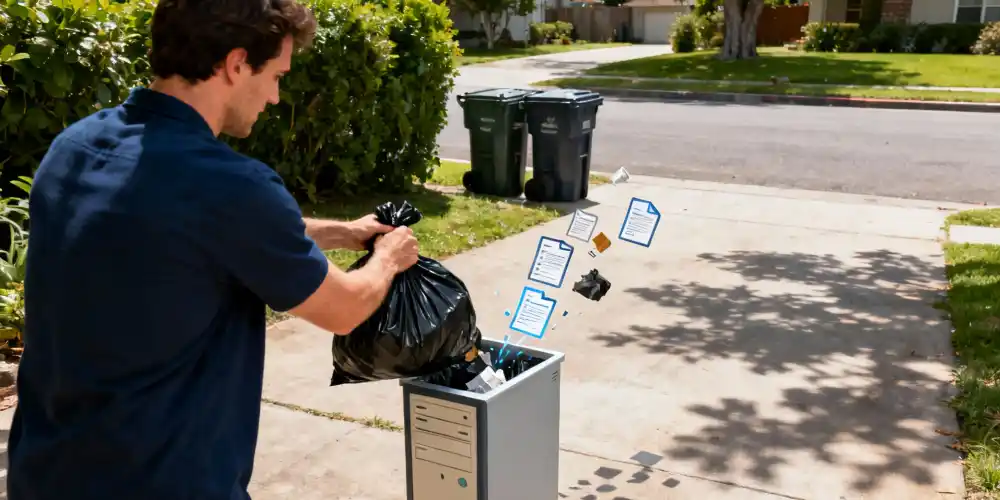 man throws garbage into computer