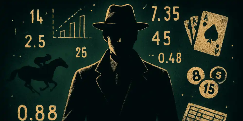 silhouette of a mysterious gambler, with horse racing and card games related icons