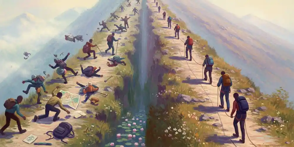 two paths leading to a mountain top. The one on the left shows the ones that fail and the one on the right shows the successful mountaineers