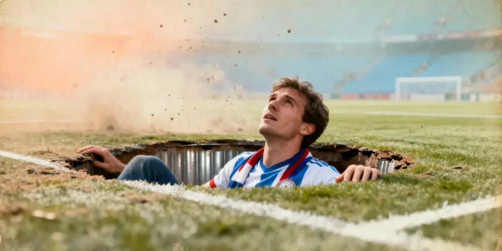 football fan falls into a sinkhole on the pitch