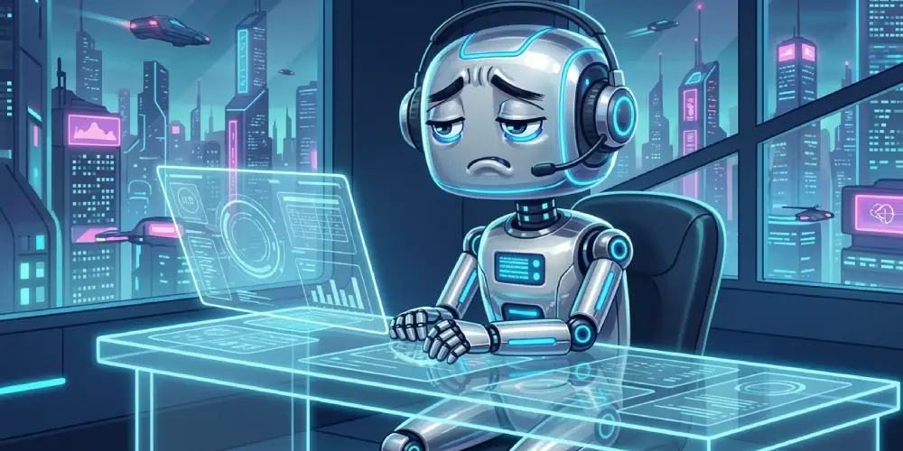 bored and upset humanoid robot customer support agent
